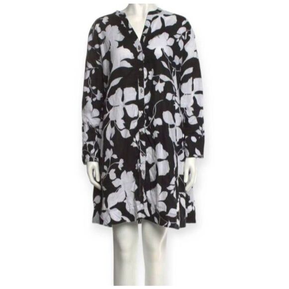 CYNTHIA ROWLEY BLACK & WHITE FLORAL LINEN TENT DRESS W/POCKETS SZ.L EUC. - Picture 1 of 8